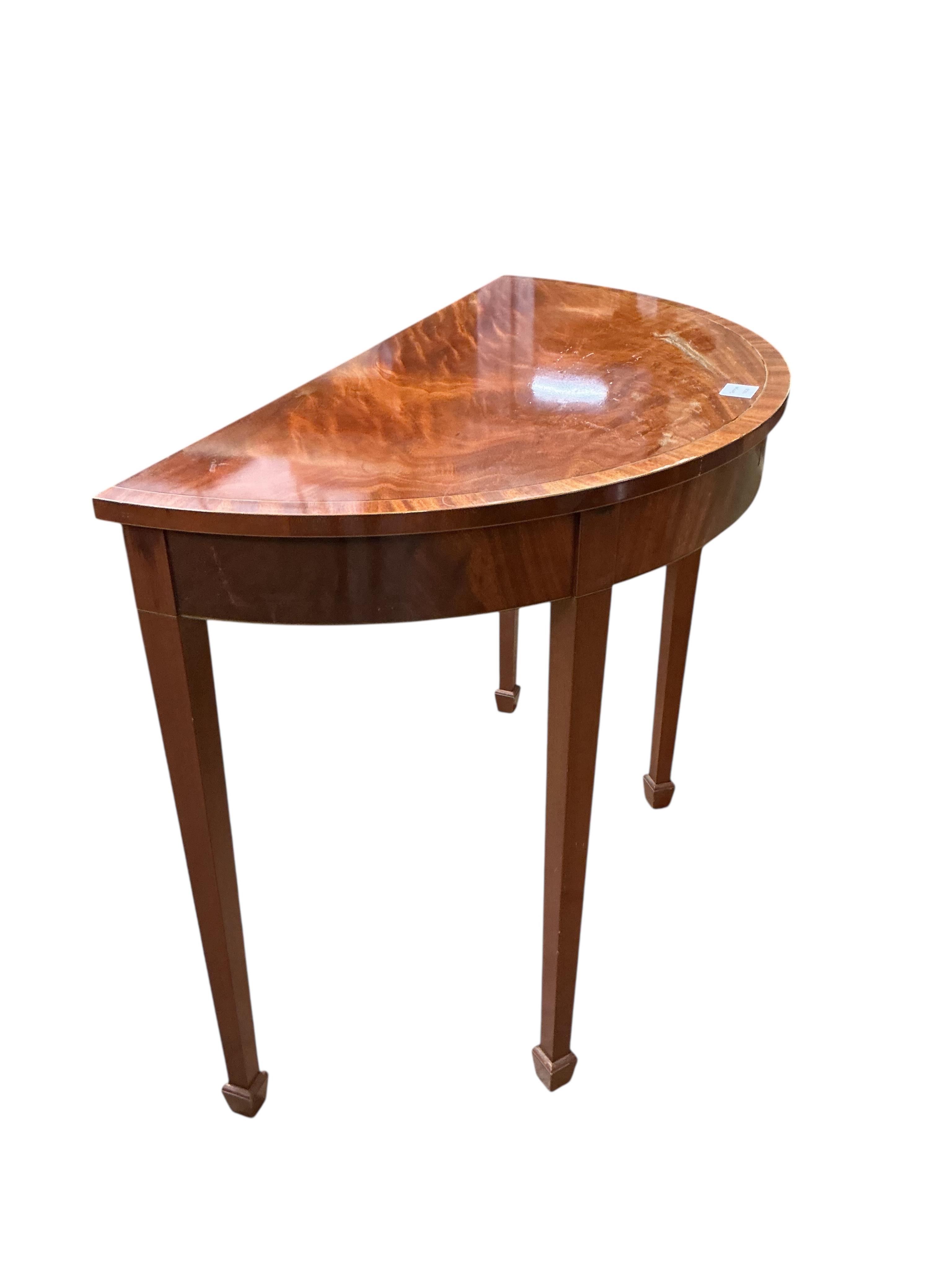A George III style banded mahogany demi-lune side table, width 92cm, depth 46cm, height 74cm